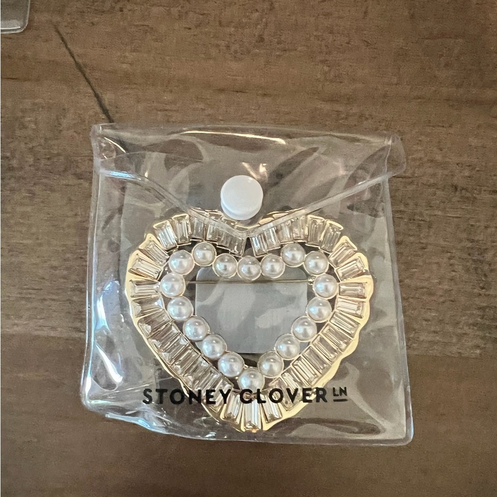 Stoney Clover Heart Brooch with Pearls and Gold Accents